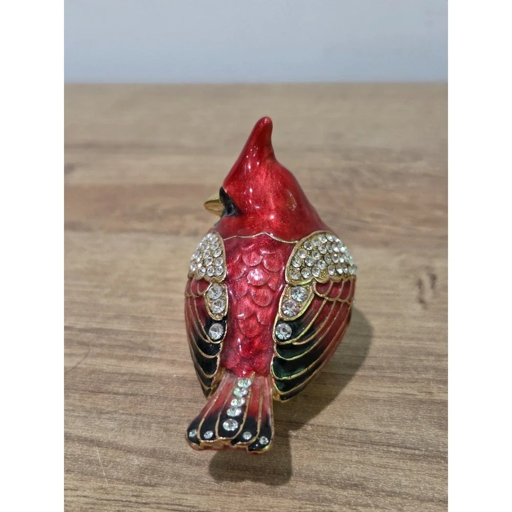 Red Cardinal Bird Enamel Rhinestone Hinged Trinket Box Magnetic 2.5''